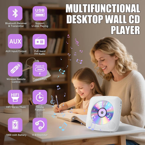 Gueray 1800mAh CD Player Portable with Bluetooth Wall Mountable, CD Music Battery Operated Players for Home