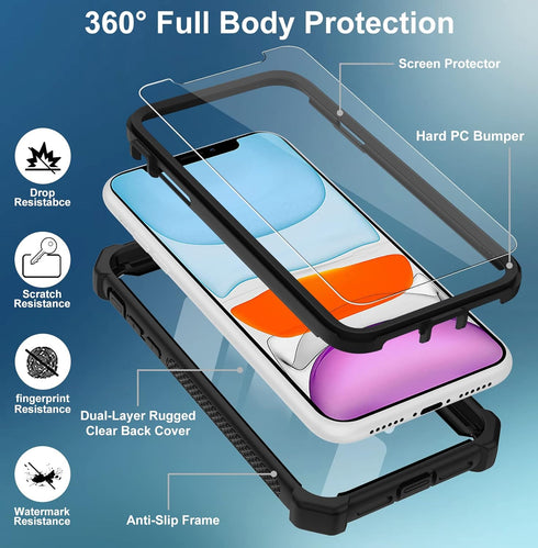 Heavy Duty Drop Protection Case for iPhone 11, with Screen Protector, Rugged Shockproof Tough Cover - Black-C