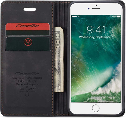 SINIANL Leather Folio Case for iPhone 7/8, Kickstand Credit Card Holder with Magnetic Closure, Black