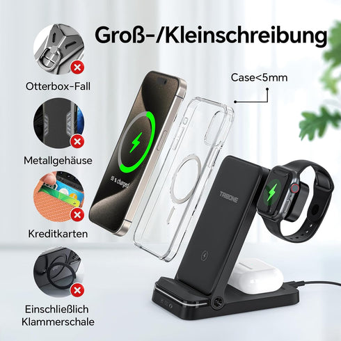 Tribone 3 in 1 Foldable Fast Wireless Charger, Black, for iPhone 16/15/14/13/12/11 Pro Max, Apple Watch, AirPods