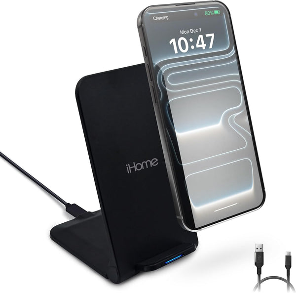 iHome 15W Folding Wireless Charging Stand, Fast Charge, Travel-Friendly Design, Cable Included