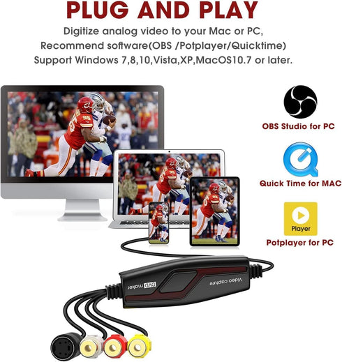 VIXLW Hi8 VHS to Digital Converter,Video Capture Card Device,VHS VCR Mini DV to Mac Digital Converter,RCA to USB Video