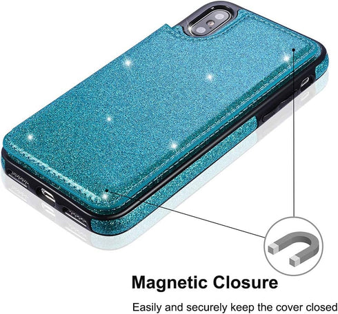 UEEBAI Case for iPhone XR, Premium Glitter PU Leather Wallet Cover with Card Slots, Stand Function, Blue#2