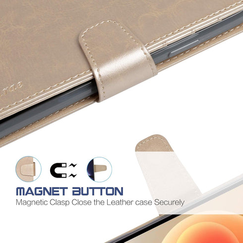 Arae Wallet Flip Cover for iPhone 12 and iPhone 12 Pro - Card Holder and Wrist Strap, Champagne Gold