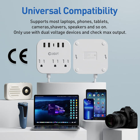 Unidapt European Plug Adapter, US to UK Europe Power Strip with 4 USB Ports, 3 AC Outlets, 5ft Extension Cord, Wall