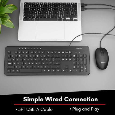 Wired Keyboard and Mouse Combo, Macally Slim Full Sized Ergonomic USB for Laptop and Desktop