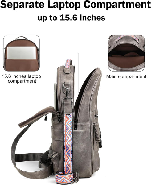 Backpack Backpack FADEON Leather Laptop Purse for Women, Designer Travel PU with Laptop Compartment for Work Grey