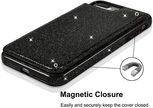 UEEBAI Case for iPhone 7 Plus 8 Plus, Premium Glitter PU Leather Wallet Cover with Card Slots, Black