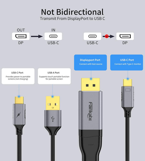 fairikabe 4K 60Hz DisplayPort to USB C Cable, 6.6ft for Portable Monitor, Projector, Nreal Air