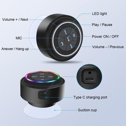 Portable Bluetooth Shower Speaker, Waterproof IP67 Speaker with Suction Cup, Built-in Mic for Pool, Camping, Beach