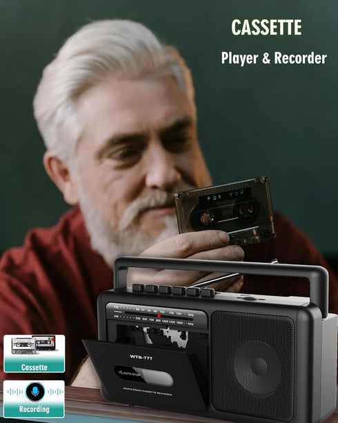 WIITHINK WTB-777 Cassette Cassette Portable Player Boombox, AM/FM Radio Stereo with Bluetooth, USB, Recorder, Earphone