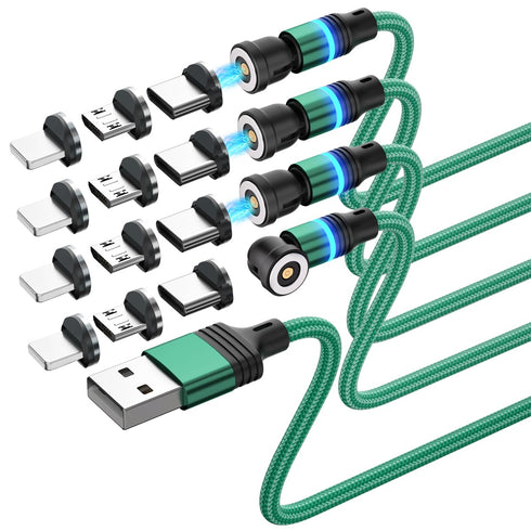 Magnetic Charging Cable 4-Pack, 3 in 1 Nylon Braided USB Phone Charger, 360 Rotating for Micro USB, Type C, iProduct