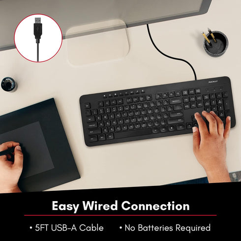 Macally Wired Keyboard | Full Size Computer Keyboard | Quiet Keyboard (Corded Plug and Play) Comfortable for All Day Typing USB Keyboard for PC Desktop and Laptop