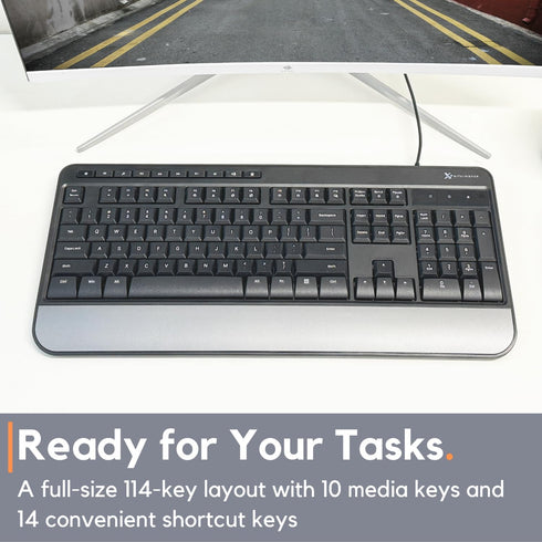 X9 Performance Multimedia USB Wired Keyboard, Ergonomic Full Size Keyboard with Wrist Rest and 114 Keys for Office PC