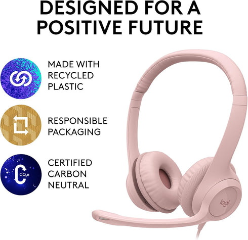 Logitech H390 Wired Headset for PC/Laptop, Stereo Headphones with Noise Cancelling Microphone, USB-A, Rose
