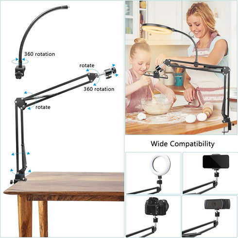 ChromLives Overhead Phone Mount with Ring Light - Flexible Articulating Arm for Video Recording, Top Down Camera Mount