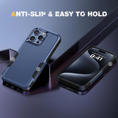 Diaclara iPhone 15 Pro Max Case - Dark Blue, Military Grade Drop Protection, Anti-Spy Privacy Screen Protector, Heavy