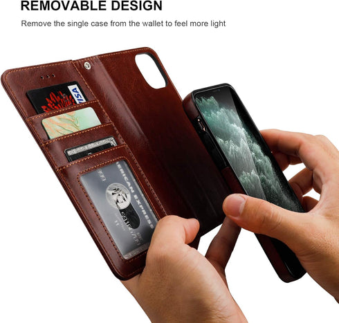 Bocasal iPhone 11 Pro Max Wallet Case with Card Holder, PU Leather Magnetic Detachable Kickstand (Brown)