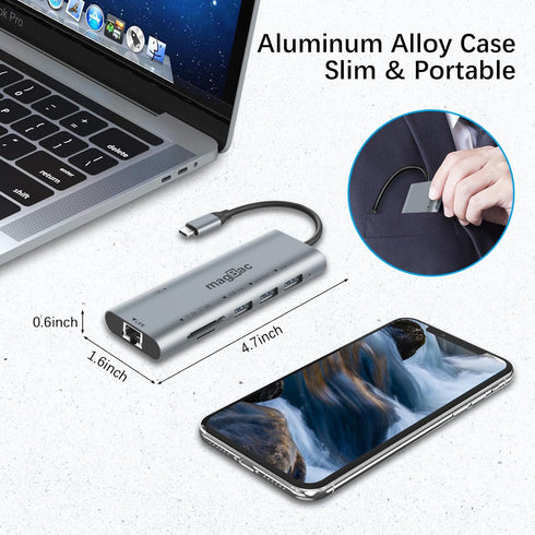 i-magBac 7-in-1 4K@30Hz 3 3.0 MagBac Laptop Docking Station USB Hub with HDMI Display Port, USB A Data Ports, SD/TF