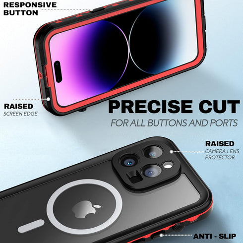 BEASTEK TRE Series iPhone 14 Pro Waterproof Case, MagSafe Shockproof IP68 with Built-in Screen Protector, 6.1'' - Red