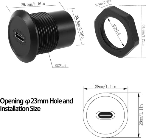 QIANRENON USB C Panel Threaded Fixed Mount Coupler Converter Adapter USB 3.1 Type C Female to Female Flush Panel Mount Connector 10Gbps 100W for dashboard or equipment panel