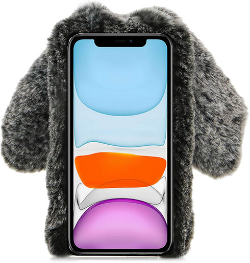 3D Bunny Ears Plush Case for Samsung Galaxy A12 with Crossbody Strap, Winter Warm Handmade Soft Rabbit Cover, Grey