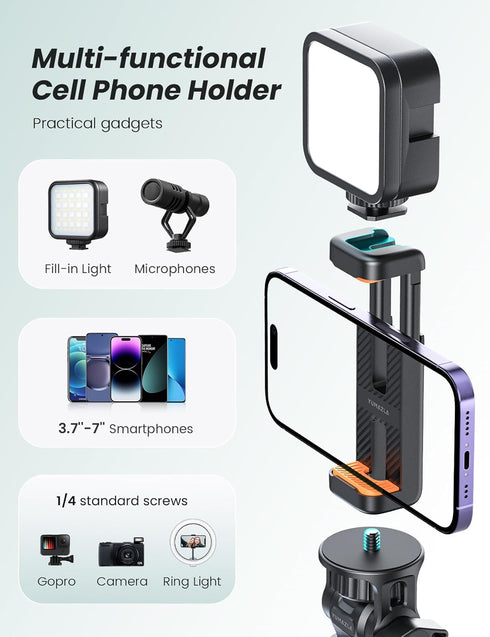 YUMAZLA 71''/180cm Extendable Phone Tripod Aluminum, Portable Stand for Video Recording, Travel Tripod for iPhone/Cell