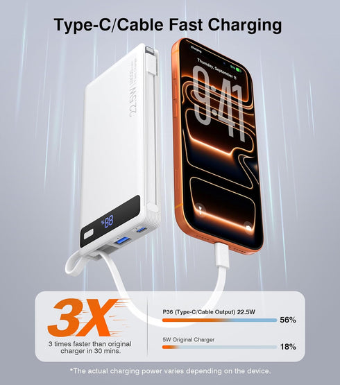 TEMINICE 2 10000mAh, 22.5W Pack, 17 16 15 Power Bank with Built-in Cables PD Slim Portable Charger USB C Battery Travel