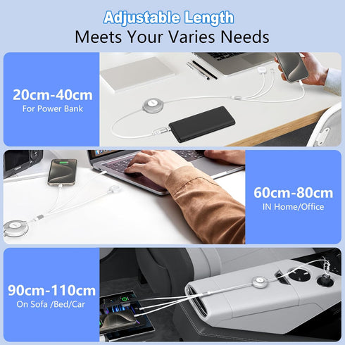 100W Multi Charging Cable for Apple Watch, iPhone 15 Retractable Charger with Type C and iWatch Charger