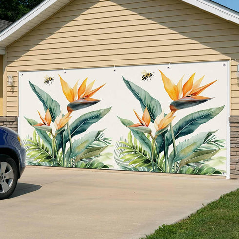 Jimehezon 8x6.9ft Summer Grommets Bird of Paradise Garage Door Banner Tropical Plant Bee Flower Botanical Garage Door