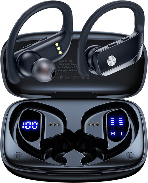 bmanl Wireless Earbuds Bluetooth Headphones, 48hrs Playback, Over-Ear Buds with LED Display, Built-in Mic for Workout