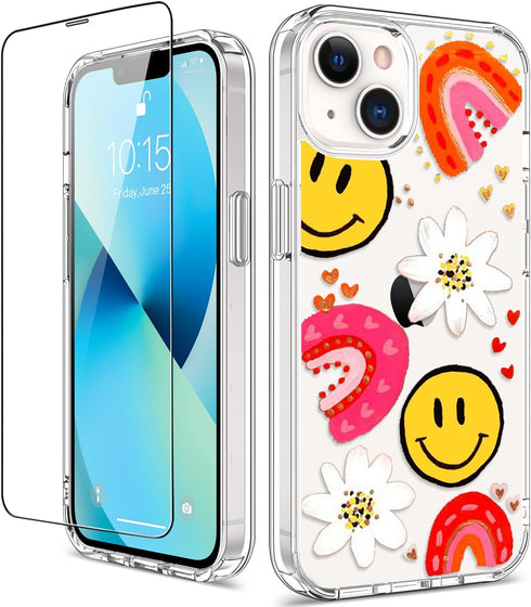 GiiKa iPhone 13 Case with Screen Protector, Clear Floral Shockproof Hard Case & TPU Bumper, Colorful Graffiti Design.