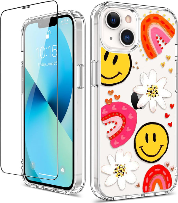 GiiKa iPhone 13 Case with Screen Protector, Clear Floral Shockproof Hard Case & TPU Bumper, Colorful Graffiti Design.