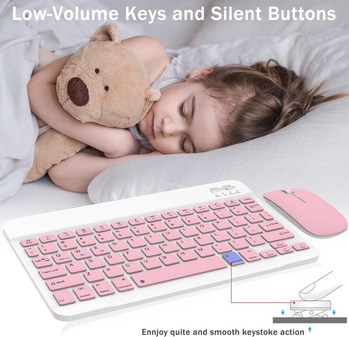 Rechargeable Bluetooth Keyboard and Mouse Combo, Ultra-Slim Wireless Set for Android, Windows, iPad, Pink