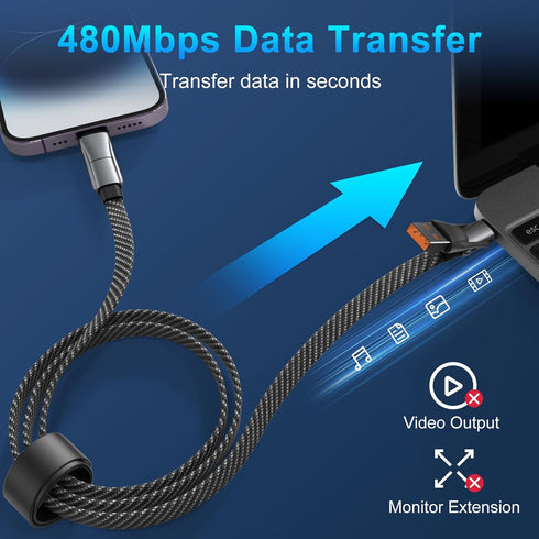 4 in 1 Multi Charging Cable, PD 60W Fast Charging USB C Multi Charger Cable, Zinc Alloy Flat Braided with Velcro Strap