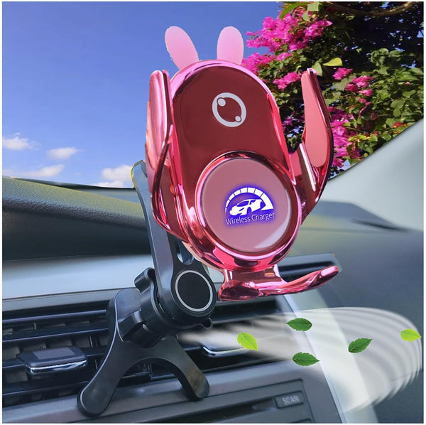 Car Phone Holder Mount Wireless Charging, Auto Clamping Rotatable Vent Clip, Cute Pink Rabbit for iPhone 15 14 13 12 11