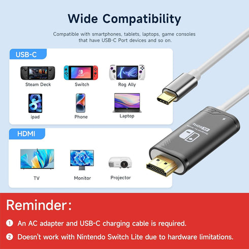 JINGDU 4K@60Hz USB C to HDMI Cable for Nintendo Switch NS/OLED/Steam Deck, 2m/6.6FT Portable Cord