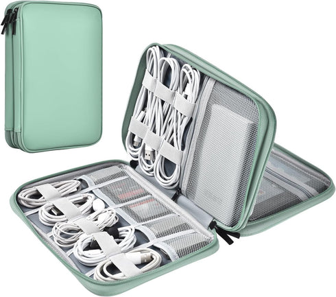 Leather Cord Organizer Travel Bag, Waterproof Portable Tech Organizer for Charger Electronic Accessories (Light Green,