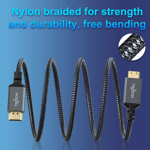 Twozoh 1FT 2 Pack, 3D/4K@60Hz 18Gbps/2160P/1080P Mini HDMI to HDMI Cable Nylon Braided HDMI to Mini HDMI Support