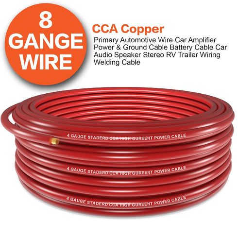 8 Gauge Wire (25ft Each - Red/Black), Copper Clad Aluminum CCA, Car Amplifier Power & Ground Cable