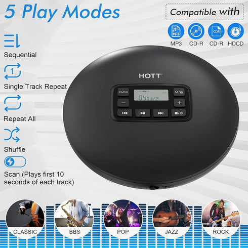 HOTT CD204 Portable CD Player - Personal Compact CD Player with Headphones, Anti-Skip/Shockproof for Home Travel, Black