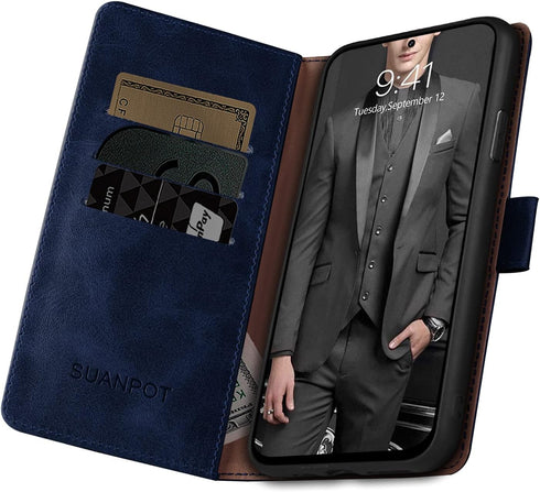 SUANPOT Leather Wallet Case for Samsung Galaxy S21+/S21 Plus 6.7" with RFID Blocking, Shockproof Flip Folio Cover, Blue