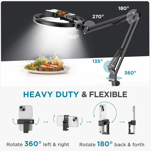 InnoGear 10" Overhead Phone Mount with Ring Light, LED Selfie Ring Light for Desk with Phone Holder and Remote Canvas