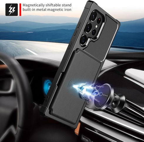 for Samsung Galaxy S22 Ultra Case with Card Holder, Compatible with Magnetic Car Mount, Heavy Duty Shockproof Rugged Soft TPU Back Leather Flip Wallet Cover 6.8 inch, Black