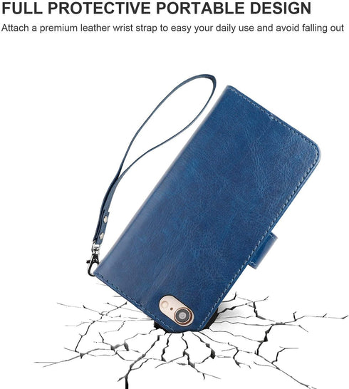 Bocasal Wallet Case for iPhone SE (2022/2020)/8/7 - PU Leather Magnetic Detachable Kickstand, Shockproof, Blue