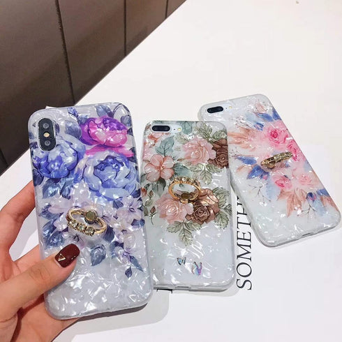Qokey Compatible iPhone 11 Case, Floral Clear Flower Design with 360 Rotating Ring Stand, Brown Flower