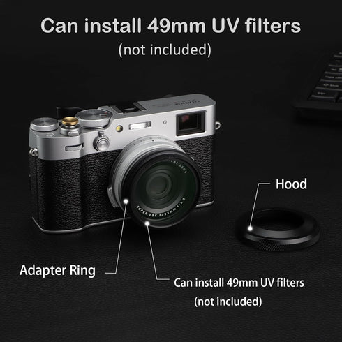 Haoge LH-X51B 2in1 All Metal Ultra-Thin Lens Hood with Adapter Ring Set for Fuji X100VI & FinePix X100V Black