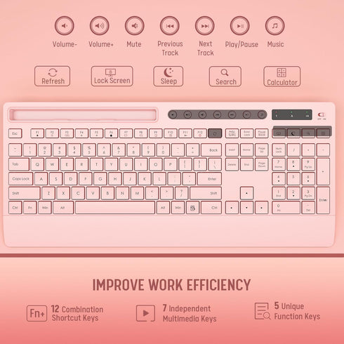 Trueque 2.4G Set Pink Keyboard and Mouse Wireless, Lag-Free Cute Keyboard Combo with Ergonomic Wrist Rest, Phone Holder