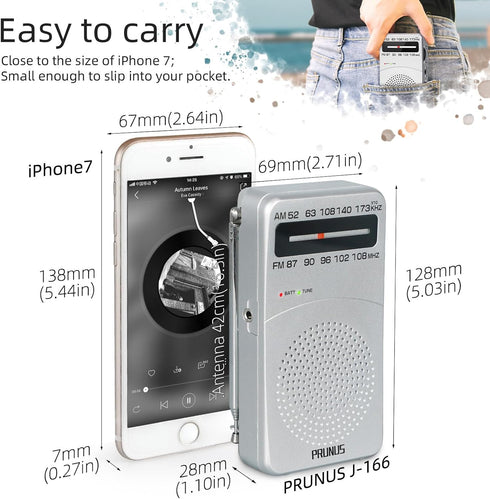 PRUNUS J-166 Portable Radio AM FM, Battery Operated Radio with Tuning Light, Excellent Reception for Indoor & Outdoor