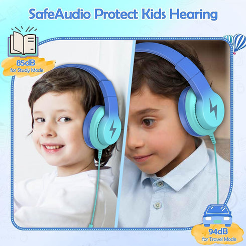 Kids Headphones, Wired Headphones for Kids with Microphone, 85/94dB Volume Limiter Headphones for Girls Boys with Sharing Jack, Foldable Headphones for Online Study, Gradient Blue